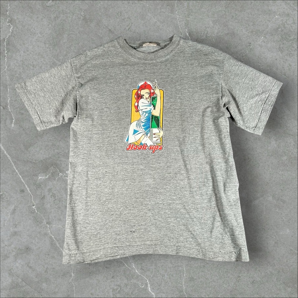 Vintage Hook Ups Shirt Mens Medium Grey 90s Red Hair Mika Anime Nurse Skateboard